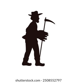 Antique man with scythe and wheat harvest black silhouette. Vector outline illustration isolated on white background. Ancient agriculture and farming. Medieval peasant man with sickle