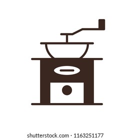 Antique manual coffee grinder isolated linear icon. Cafe and restaurant menu design element. Coffee break outline vector pictogram. Coffee shop or coffee maker logo. Retro tool for cafeteria barista.