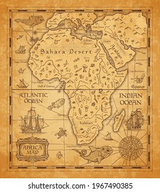 Antique map of Africa on old parchment. Vector African continent with islands, sea and oceans, mountains, deserts and rivers, vintage sail ship, boat, nautical compass rose and ancient monster fish