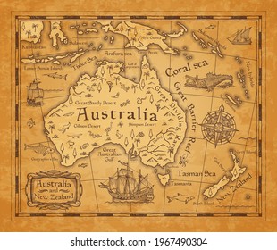 Antique map of Australia continent and New Zealand islands. Vector old parchment with islands map, mountain ranges and deserts, sea and ocean with vintage sail ship, caravel and nautical compass rose