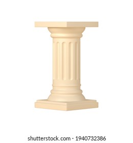 Antique marble 3d column pedestal vector template. Beige greek architecture with rich carvings and stone engravings. Decorative medieval art of roman catwalk and with elite building carvings.