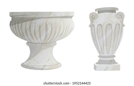 Antique marble decorative vases, isolated objects. Outdoor and park, set of landscape elements. Vector illustration.