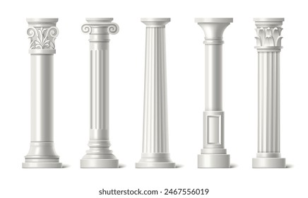 Antique marble pillars set isolated on white background. Vector realistic illustration of ancient roman and greek style architecture design elements, classic palace building colonnade, interior decor