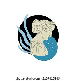 Antique marble statue. Abstract contemporary poster or print. Greek or roman sculpture, woman head, geometric and botanical elements. Vector cartoon flat style isolated illustration