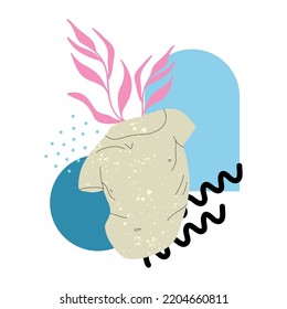 Antique marble statue. Abstract contemporary poster or print. Greek or roman sculpture, man body part, geometric and botanical elements. Vector cartoon flat style isolated illustration