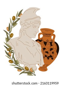 Antique marble statue and amphora vase with olive branches, flat vector isolated on white background. Ancient Greek or Roman culture element for cards and premium products labels.