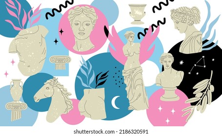 Antique marble statue background. Greek or roman sculptures on abstract backdrop, gods and goddesses. Hand drawn body parts and faces with texture, man woman column and vase vector cartoon flat set