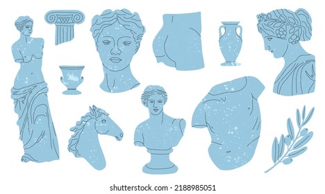 Antique Marble Statue. Greek Or Roman Sculptures, Gods And Goddesses. Hand Drawn Blue Body Parts And Faces With Texture, Classic Statues, Man Woman Column And Vase, Vector Cartoon Flat Isolated Set