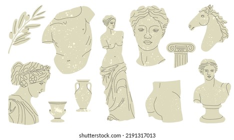 Antique Marble Statue. Greek Or Roman Sculptures, Gods And Goddesses. Hand Drawn Body Parts And Faces With Texture, Classic Statues, Man Woman Column And Vase, Vector Cartoon Flat Set