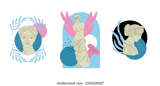 Antique Marble Statue. Greek Or Roman Sculptures, Gods And Goddesses. Hand Drawn Body Parts And Faces With Texture, Classic Statues Abstract Contemporary Poster Or Print Vector Cartoon Set