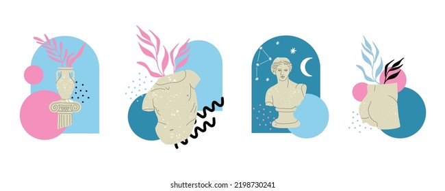 Antique Marble Statue. Greek Or Roman Sculptures, Gods And Goddesses. Hand Drawn Body Parts And Faces With Texture, Classic Statues Abstract Contemporary Poster Or Print Vector Cartoon Flat Set