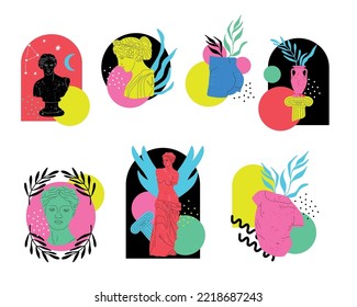 Antique Marble Statue. Greek Or Roman Sculptures, Gods And Goddesses. Hand Drawn Body Parts And Faces With Texture, Classic Statues Abstract Contemporary Poster Or Print, Vector Cartoon Flat Set