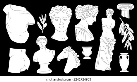 Antique marble statue. Greek or roman sculptures, gods and goddesses. Hand drawn body parts and faces white silhouettes. Classic statues on black, man woman column and vase, vector cartoon flat set