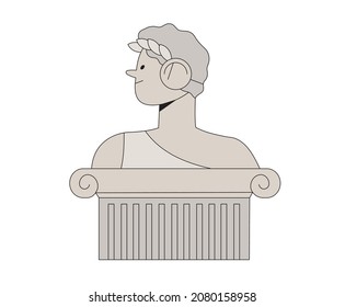 Antique marble statue of man,  god or emperor on column on white background. Mythical, ancient greek or ancient roman style. Hand drawn Vector illustration. Classic statue in modern style.