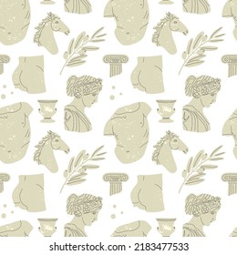 Antique Marble Statue Seamless Pattern. Greek Or Roman Sculptures, Gods And Goddesses. Body Parts, Faces With Texture. Man Woman Column And Vase. Decor Textile, Wrapping Paper, Wallpaper. Vector Print