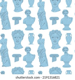 Antique Marble Statue Seamless Pattern. Greek Or Roman Sculptures, Gods And Goddesses. Body Parts, Faces With Texture. Man Woman Column And Vase, Decor Textile, Wrapping Paper, Wallpaper. Vector Print