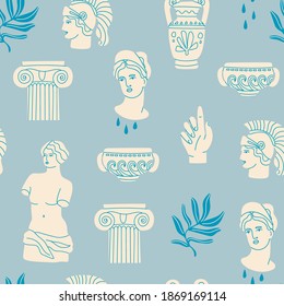 Antique marble statue of woman, column, branch, amphora. Mythical, ancient greek style. Hand drawn trendy Vector illustration. Square Seamless Pattern. Background, wallpaper, poster template