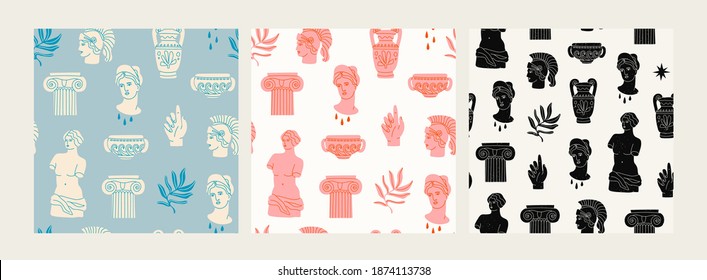 Antique marble statue of woman, column, amphora. Mythical, ancient greek style. Hand drawn trendy Vector illustrations. Set of three Square Seamless Patterns. Background, wallpaper, poster template