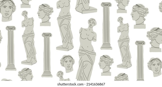 Antique marble statue of woman, column, branch, amphora. Mythical, ancient greek style. Hand drawn trendy Vector illustration. Square Seamless Pattern. Background, wallpaper, poster template