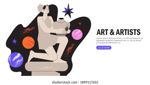 Antique marble statue of woman goddess holding amphora on space background with stars and planets. Mythical, ancient greek style. Hand drawn Vector illustration. Classic statue in modern style.