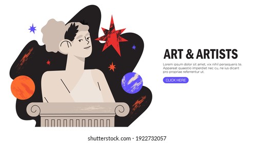 Antique marble statue of woman goddess on column on space background with stars and planets. Mythical, ancient greek or ancient roman style. Vector illustration. Classic statue in modern style.