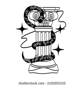Antique marble statues. Column entwined with snake, ancient civilization and culture. Architectural value, minimalistic image for decorating apartments, website icon. Cartoon flat vector illustration