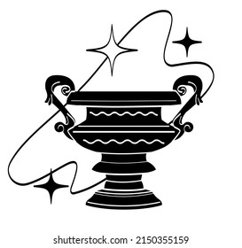 Antique marble statues. Golden goblet with jewels, ancient relic and historical value. Treasure, civilization. Image for printing on clothes. Icon for website. Cartoon flat vector illustration