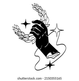 Antique marble statues. Hand holds wreath, metaphor for strength and military achievements. Stylish and minimalistic paintings to decorate apartment and rooms. Cartoon flat vector illustration