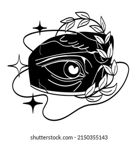 Antique marble statues. Human eye in wreath, stylish image for printing on tshirts. Minimalist paintings to decorate apartment. Glare in pupil, shine, icon for site. Cartoon flat vector illustration