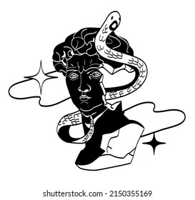 Antique marble statues. Silhouette of female head entwined with snake. Justice and equality. Goddess of beauty, conspiracy metaphor. Painting for room decoration. Cartoon flat vector illustration