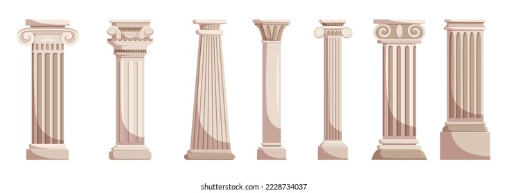 Antiker Marmor oder Steinsäulen einzeln auf weißem Hintergrund. Antike klassische Säulen römischer oder griechischer Architektur mit Groove-Ornament, Tempelfassade-Design. Cartoon-Vektorgrafik