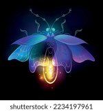 Antique, mechanical firefly with light bulb and thin wings glows orange, purple, turquoise on black background. Steampunk style.
