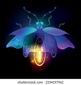 Antique, mechanical firefly with light bulb and thin wings glows orange, purple, turquoise on black background. Steampunk style.