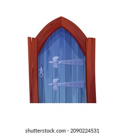 Antique medieval blue wooden door with wooden arch. Cartoon vector illustration for 2d game. Gothic entrance, gate in a castle, church or house.