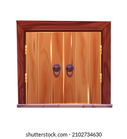 Antique medieval wooden door with wooden arch and light outside it. Cartoon vector illustration for 2d game. Gothic entrance, gate in a castle, church or house.