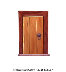 Antique medieval wooden door with wooden arch and light outside it. Cartoon vector illustration for 2d game. Entrance, gate in a castle, church or house.