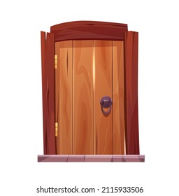 Antique medieval wooden door with wooden arch and light outside it. Cartoon vector illustration for 2d game.