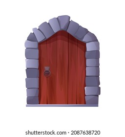 Antique medieval wooden door with metal round handle and lined with stones. Cartoon vector illustration for 2d game. Gothic entrance, gate in a castle, church or house.