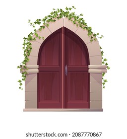 Antique medieval wooden door with metal round handle, stone arch and climbing ivy plant. Gothic entrance, gate in a castle, church or house.