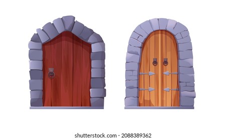 Antique medieval wooden door with metal round handle and lined with stones. Cartoon vector illustration for 2d game. Gothic entrance, gate in a castle, church or house.