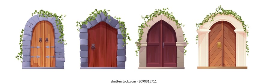 Antique medieval wooden door with metal handle, stone arch and climbing ivy plant. Gothic entrance, gate in a castle, church or house.