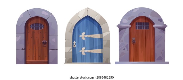 Antique medieval wooden door with metal round handle and lined with stones. Cartoon vector illustration for 2d game. Gothic entrance, gate in a castle, church, house or prison.