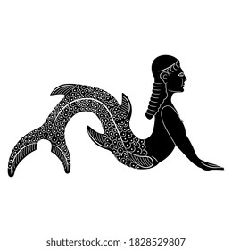 Antique mermaid or siren. Fantastic lady with fish tail. Aquatic mythological creature. Black and white silhouette.