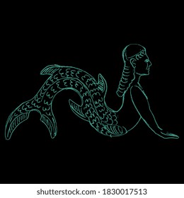 Sirena o sirena de época. Mujer fantástica con cola de pescado. criatura mitológica acuática. Esbozo lineal dibujado a mano. Silueta verde sobre fondo negro.