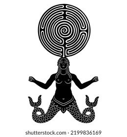 Antique mermaid with two fish tails holding a round spiral maze or labyrinth symbol on her head. Ancient Greek goddess Scylla. Creative concept. Black and white silhouette.