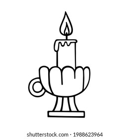 Antique metal candle holder with a burning candle. Round-handled candle holder. Hand-drawn vector illustration in doodle style, isolated. Halloween theme. For cards, banners, coloring page, stickers.
