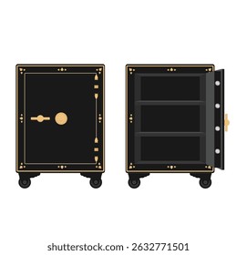 Antique metal fireproof wheeled safe box with opened and closed door isolated on white background. Empty vintage safe. Vector
