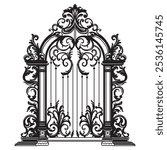 ANTIQUE METAL GATE. Black on white sketch of wrought iron bi-fold garden doors. Church gate with scrolls and leaves.