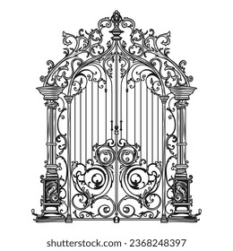 ANTIQUE METAL GATE. Black on white sketch of wrought iron bi-fold garden doors. Church gate with scrolls and leaves.