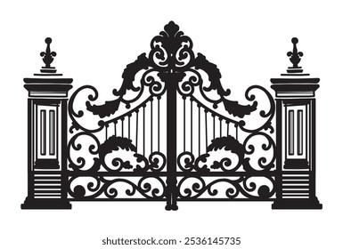 ANTIQUE METAL GATE. Black on white sketch of wrought iron bi-fold garden doors. Church gate with scrolls and leaves.